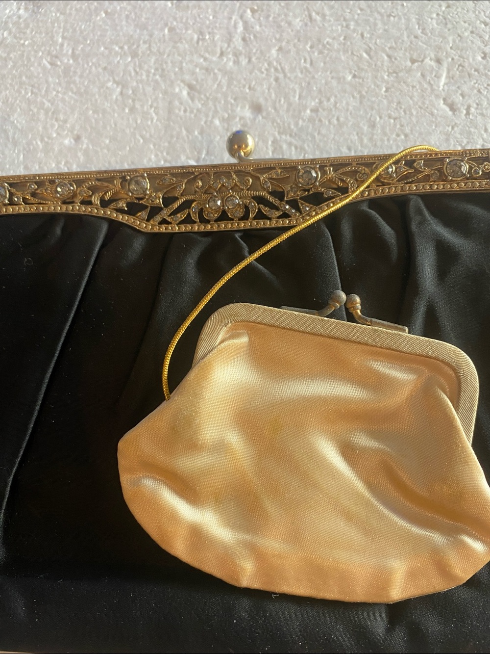 Ingber Vtg.Black Evening Clutch with Ornate Rhinestones Gold Frame & Coin Purse